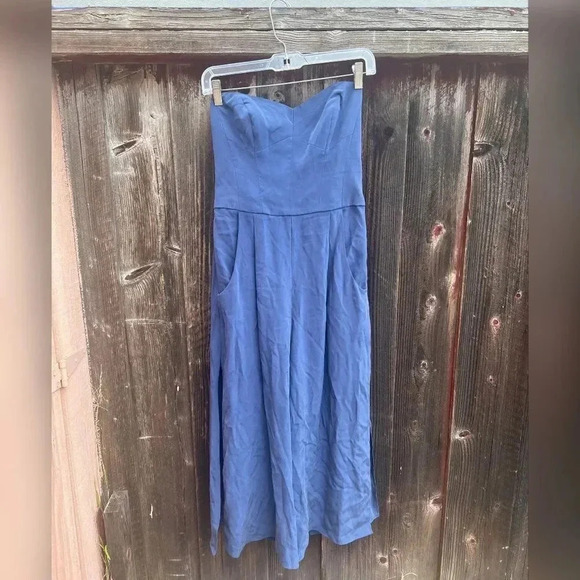 Milly Women’s Strapless Sandwashed Silk Jumpsuit Wide Cropped Leg Navy - Picture 4 of 7